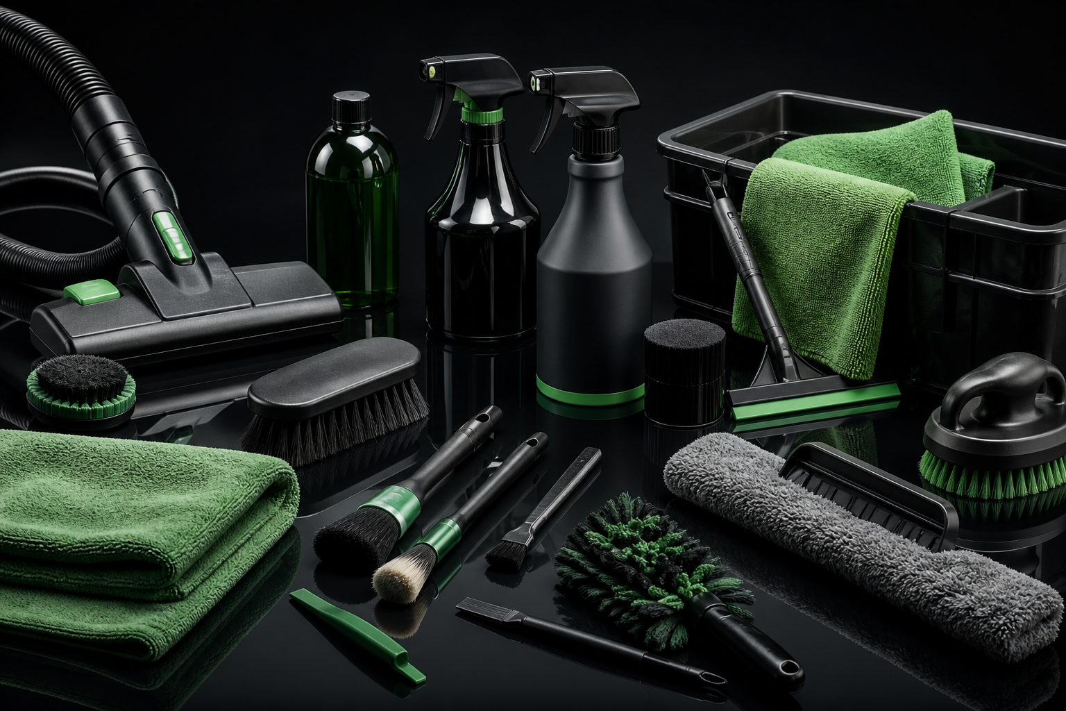 Premium Reinigungswerkzeuge mit grünem Mikrofasertuch auf glossy schwarzer Oberfläche